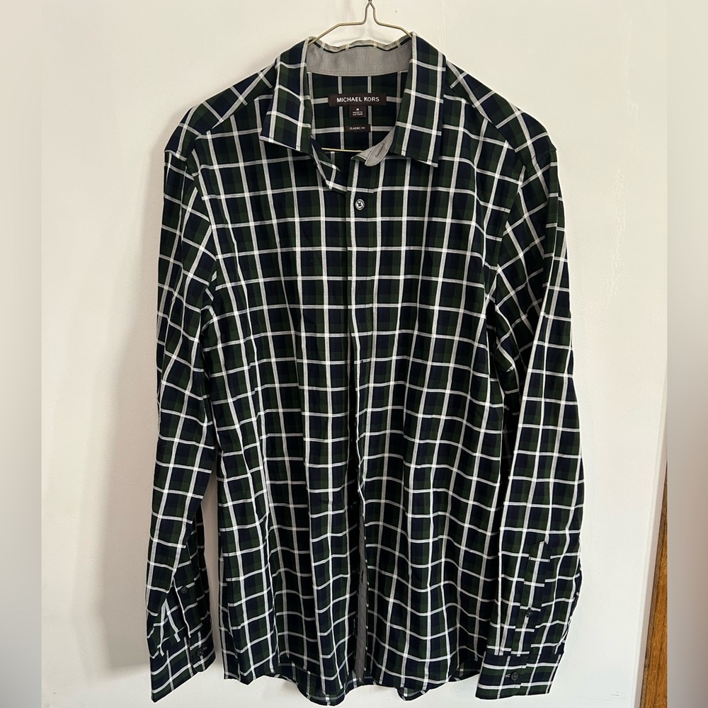 Michael Kors Black and White Windowpane Button-Down Shirt